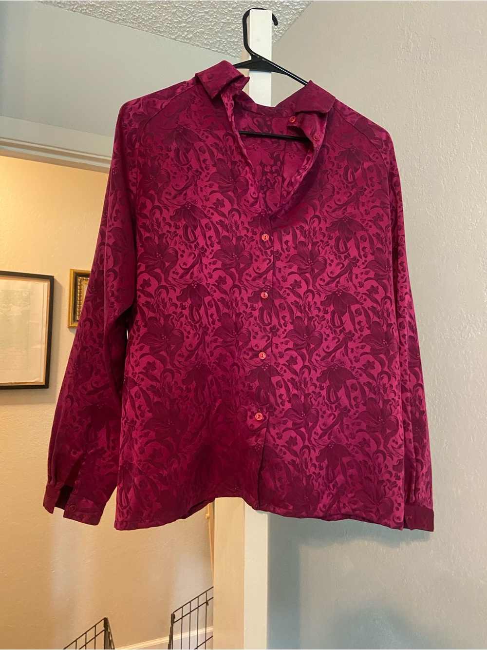 Fuchsia Floral Jacquard Button-Up Blouse